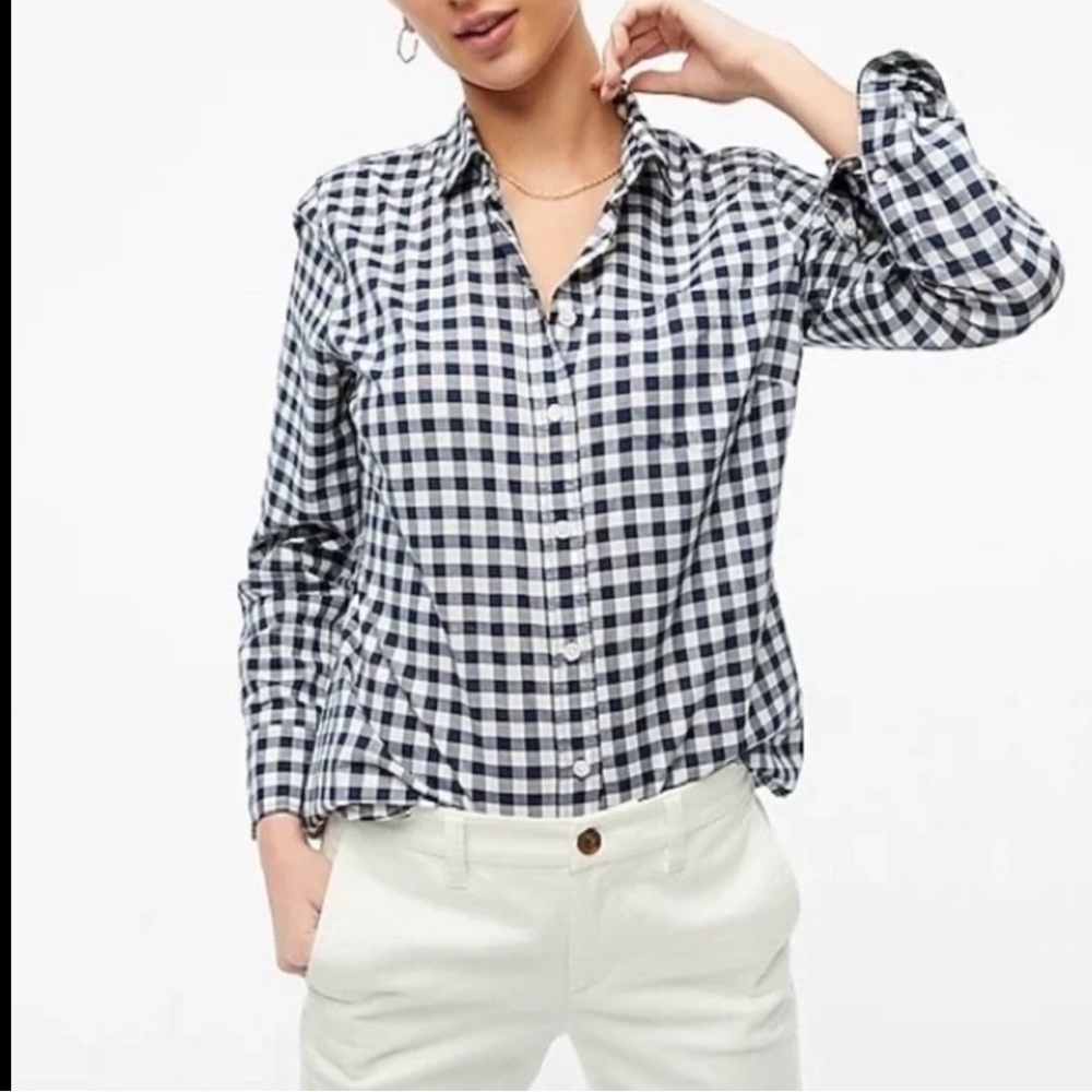 J. Crew Gingham Navy Blue White Button Down Shirt size Smalll